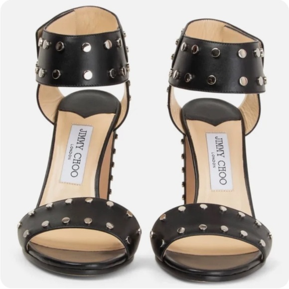 Jimmy Choo Veto 100‎ Silver Studded Block Heel Sandals Black Nappa Leather 38 - Picture 2 of 11